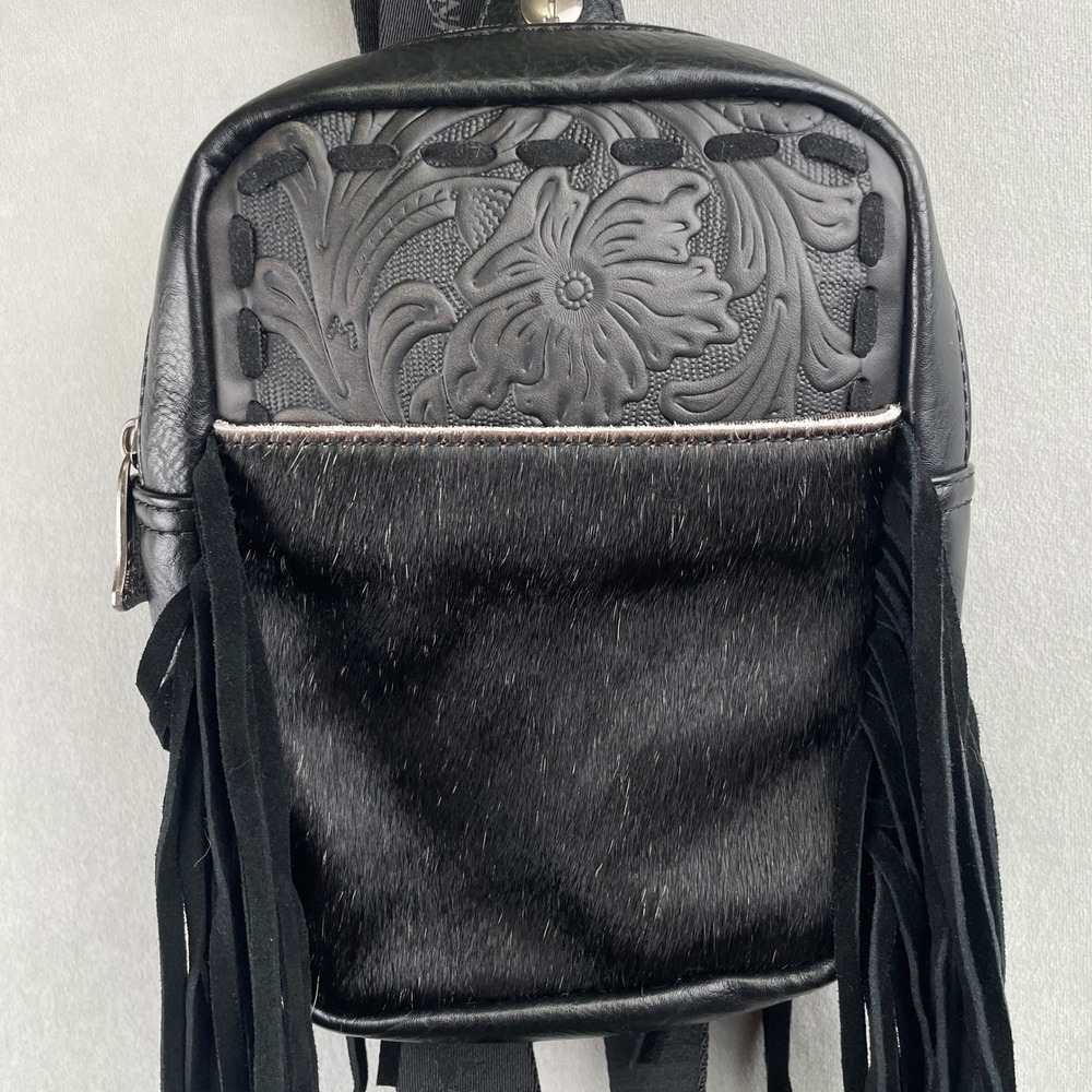 Trinity Ranch Black Leather Fringe Sling Bag Floral Embossed Hair Hide Crossbody - Picture 4 of 11
